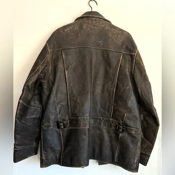 Kenneth Cole New York Men’s L Heavyweight Distressed Brown Leather Jacket Patina